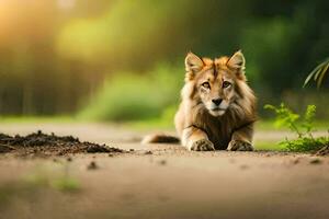 un león tendido en el suelo en el medio de un bosque. generado por ai foto