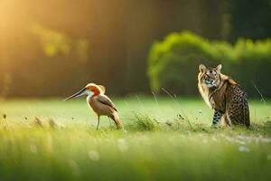 a leopard and a bird in the grass. AI-Generated photo