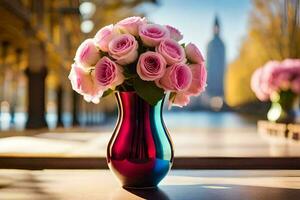 pink roses in a vase on a table. AI-Generated photo