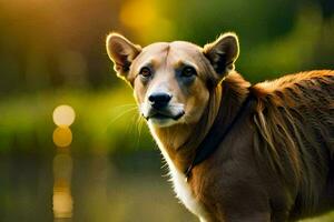 a brown dog standing in front of a lake. AI-Generated photo