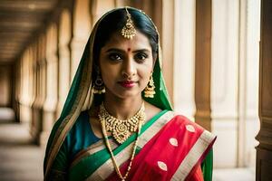 a beautiful indian woman wearing a traditional sari. AI-Generated photo