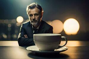 a man in a suit sits in front of a coffee cup. AI-Generated photo
