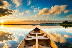 a canoe is floating on the calm water at sunset. AI-Generated photo