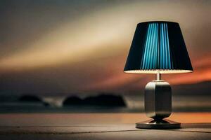 a lamp on a table in front of the ocean. AI-Generated photo