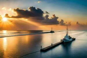 un barco es atracado a el final de un muelle a puesta de sol. generado por ai foto