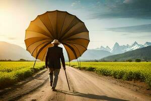 un hombre caminando abajo un suciedad la carretera con un sombrilla. generado por ai foto