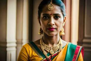 a woman wearing a traditional sari and jewelry. AI-Generated photo