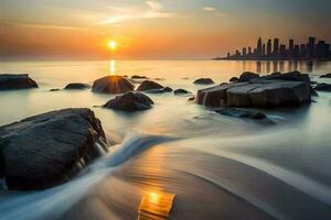 un puesta de sol terminado el ciudad horizonte con rocas y agua. generado por ai foto