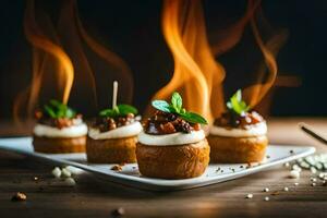 small appetizers with fire on a plate. AI-Generated photo