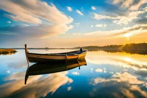 a boat is floating on the calm water at sunset. AI-Generated photo