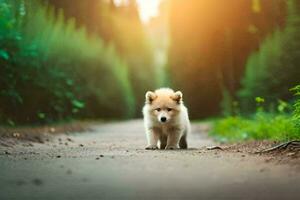 un perrito es caminando abajo un suciedad la carretera. generado por ai foto