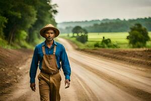 un hombre en un sombrero y mono caminando abajo un suciedad la carretera. generado por ai foto