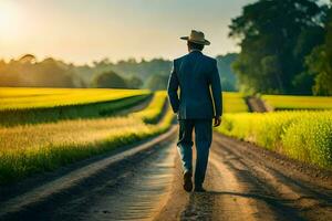 a man in a suit and hat walking down a dirt road. AI-Generated photo