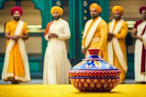 a group of men in traditional indian clothing standing around a pot. AI-Generated photo