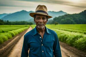 a man in a hat standing in a field. AI-Generated photo