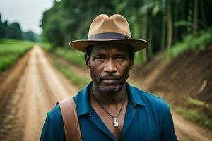 un hombre vistiendo un sombrero soportes en un suciedad la carretera. generado por ai foto