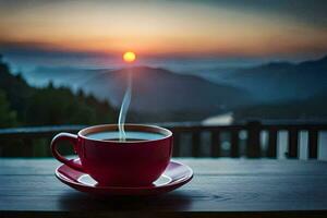 a cup of coffee on a wooden table in front of a beautiful sunset. AI-Generated photo