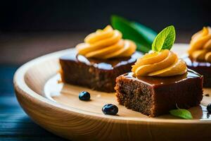 chocolate cake with caramel sauce and blueberries on a wooden plate. AI-Generated photo