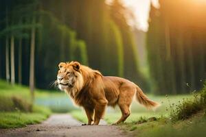 a lion standing on a road in the middle of a forest. AI-Generated photo