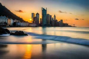 the sun sets over the city skyline in abu dhabi. AI-Generated photo