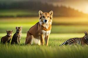 a dog and three cats in a field. AI-Generated photo