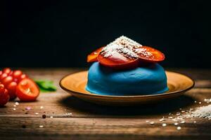 a blue dessert with tomatoes and sugar on a wooden table. AI-Generated photo