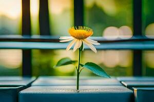 a single yellow flower sits on top of a bench. AI-Generated photo