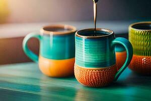 coffee being poured into a colorful mug. AI-Generated photo