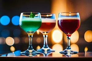 three glasses of different colored drinks on a table. AI-Generated photo