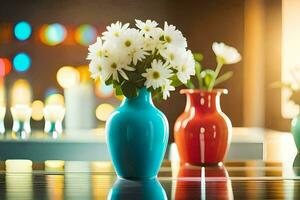 three vases with white flowers on a table. AI-Generated photo