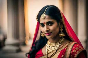 a beautiful indian bride in red sari. AI-Generated photo