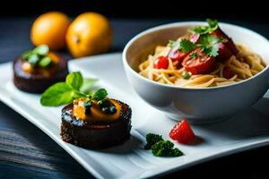 a plate with pasta, vegetables and a bowl of sauce. AI-Generated photo