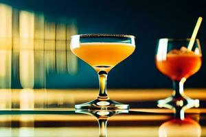 two cocktails sit on a table in front of a blurred background. AI-Generated photo