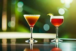 two cocktails sit on a table with a blurry background. AI-Generated photo