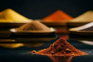 a pile of spices on a black background. AI-Generated photo