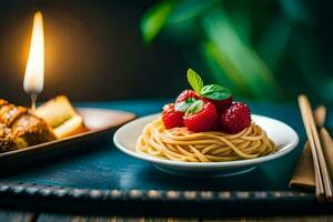 spaghetti with strawberries and bread on a plate. AI-Generated photo