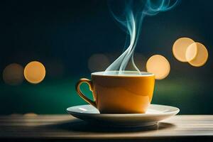 a cup of coffee on a table. AI-Generated photo