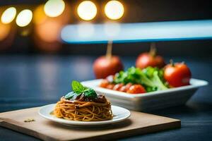 a plate of spaghetti with tomatoes and basil on a wooden cutting board. AI-Generated photo