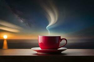 a red cup of coffee on a table with a view of the ocean. AI-Generated photo