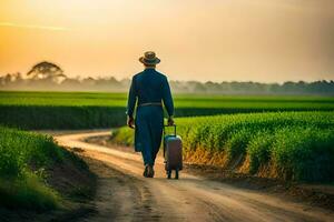 a man walking down a dirt road with a suitcase. AI-Generated photo