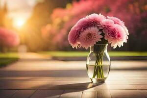 pink flowers in a vase on a wooden floor. AI-Generated photo