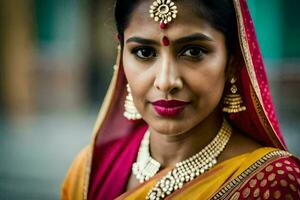 a beautiful indian woman wearing a traditional sari. AI-Generated photo