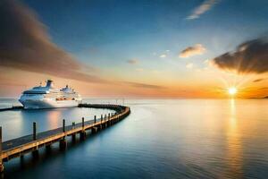 un crucero Embarcacion atracado a el muelle a puesta de sol. generado por ai foto