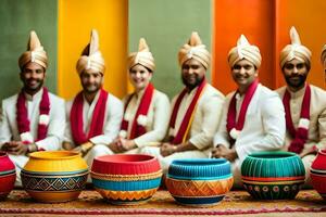 a group of men in colorful turbans and hats sitting around a table. AI-Generated photo