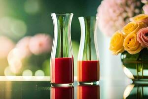 dos floreros con rojo líquido en ellos en un mesa. generado por ai foto