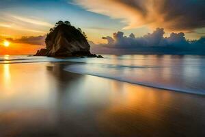 un puesta de sol terminado el Oceano con un rock en el primer plano. generado por ai foto