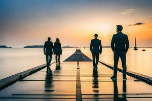 business people walking on a pier at sunset. AI-Generated photo