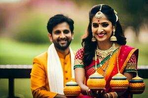 a beautiful couple in traditional indian attire. AI-Generated photo