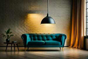 a blue couch in an empty room. AI-Generated photo