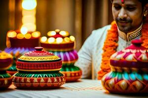 a man in traditional indian attire sits at a table with colorful lanterns. AI-Generated photo